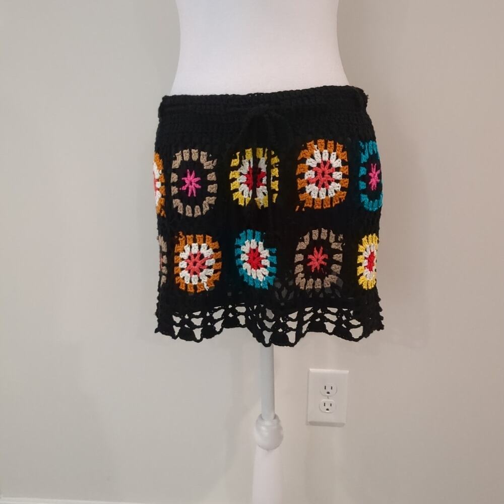 Boho Hippie Crochet Granny Square Mini Skirt Lined OS 70s Festival Indie